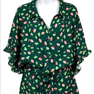 Eloquii Floral Cinched Tie Waist Peplum Ruffle Dolman Sleeve Green Blouse